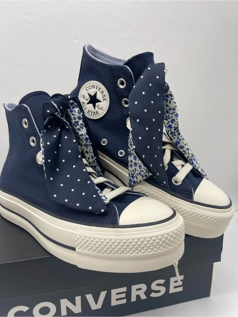 Converse CTAS High Top Platform Sneakers in Navy with Polka-Dot Scarf Laces